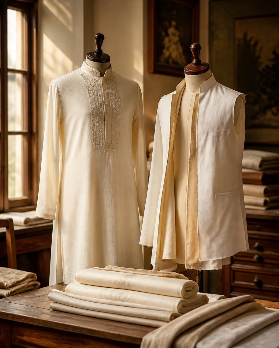 A finished ivory kurta and a partially constructed kurta on vintage tailor mannequins