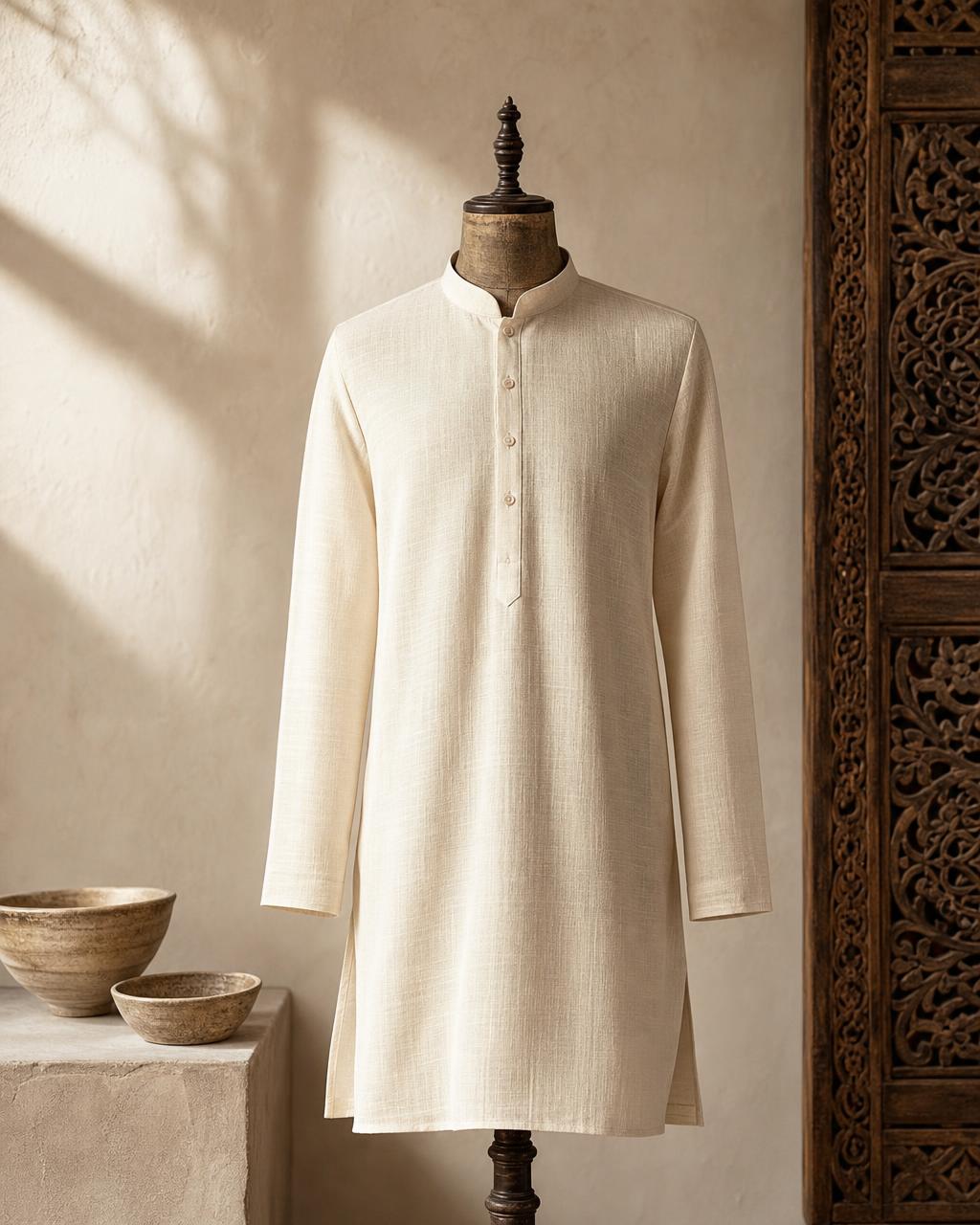 Ivory men's kurta on a headless wooden tailor mannequin in a warm studio