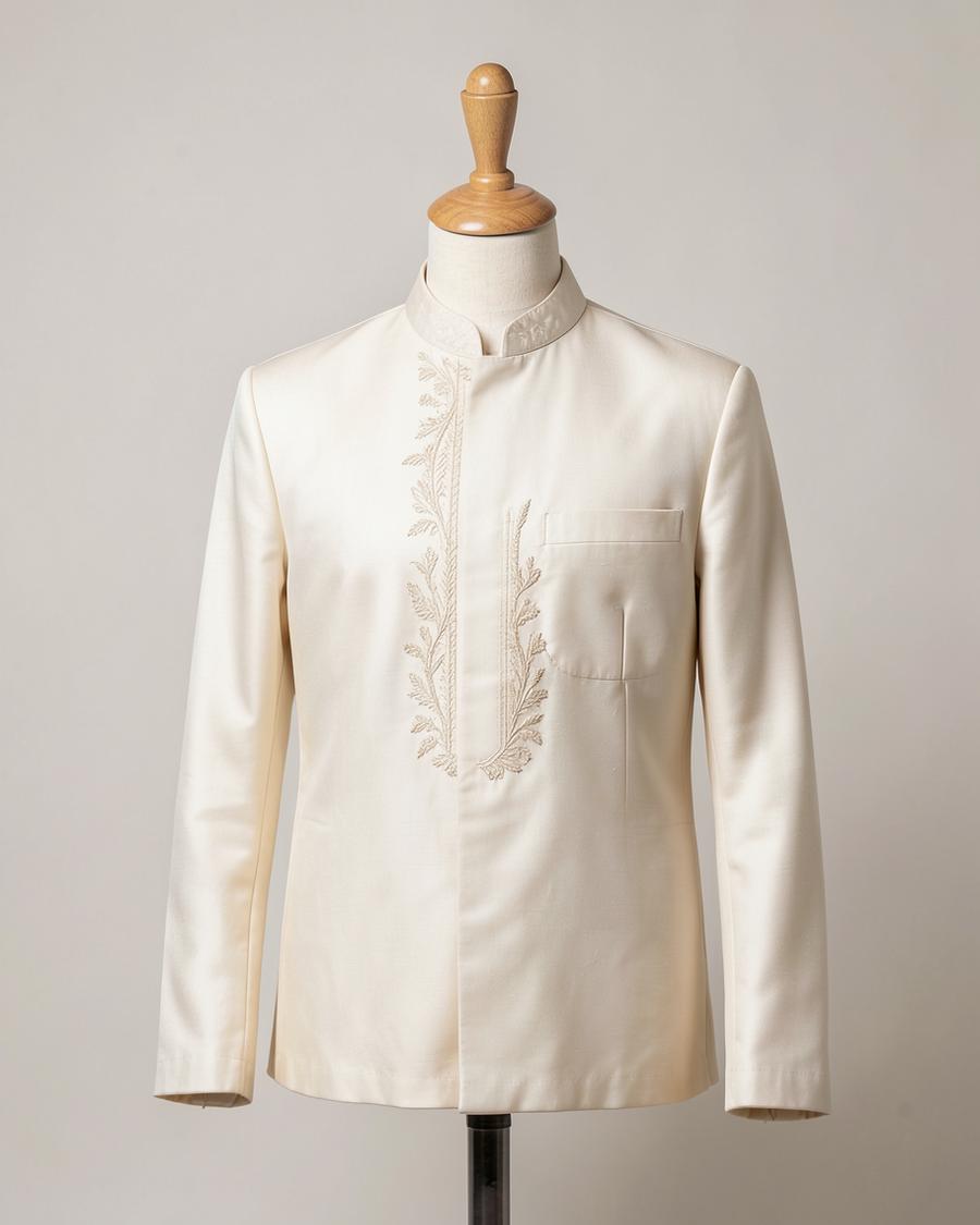 Ecru embroidered kurta with tonal thread work on a headless tailor mannequin