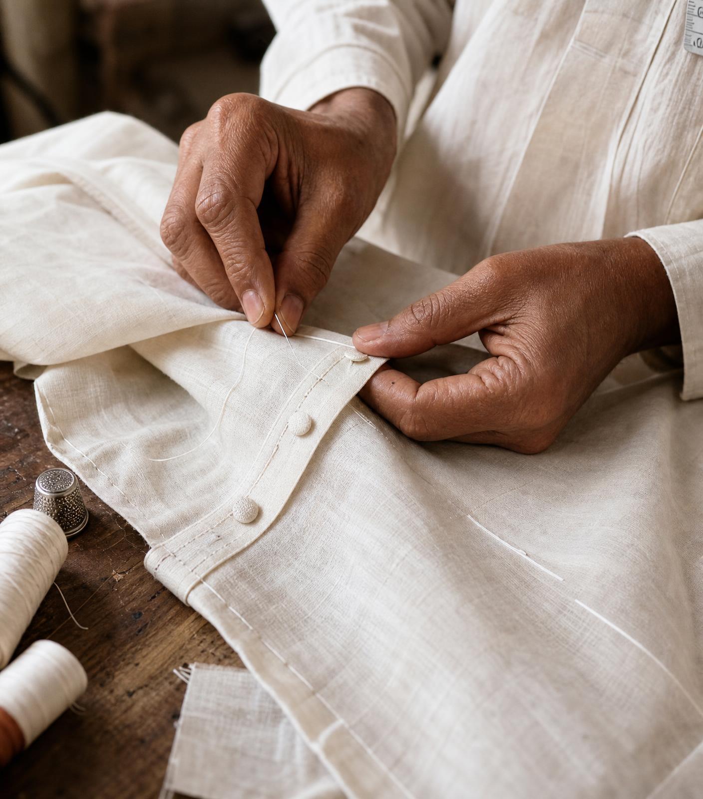 Tailor hand-stitching a kurta placket on the cutting table