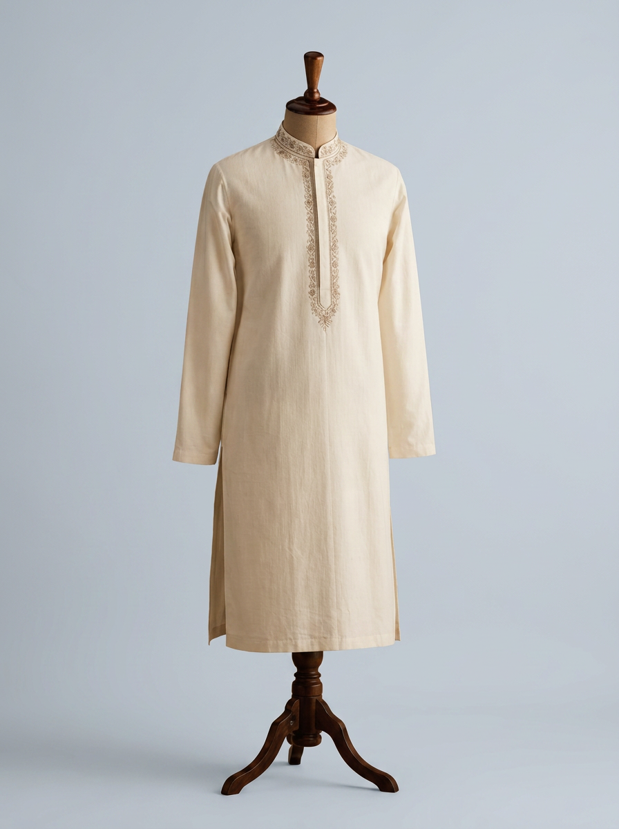 The Ecru Kurta on a tailor's mannequin