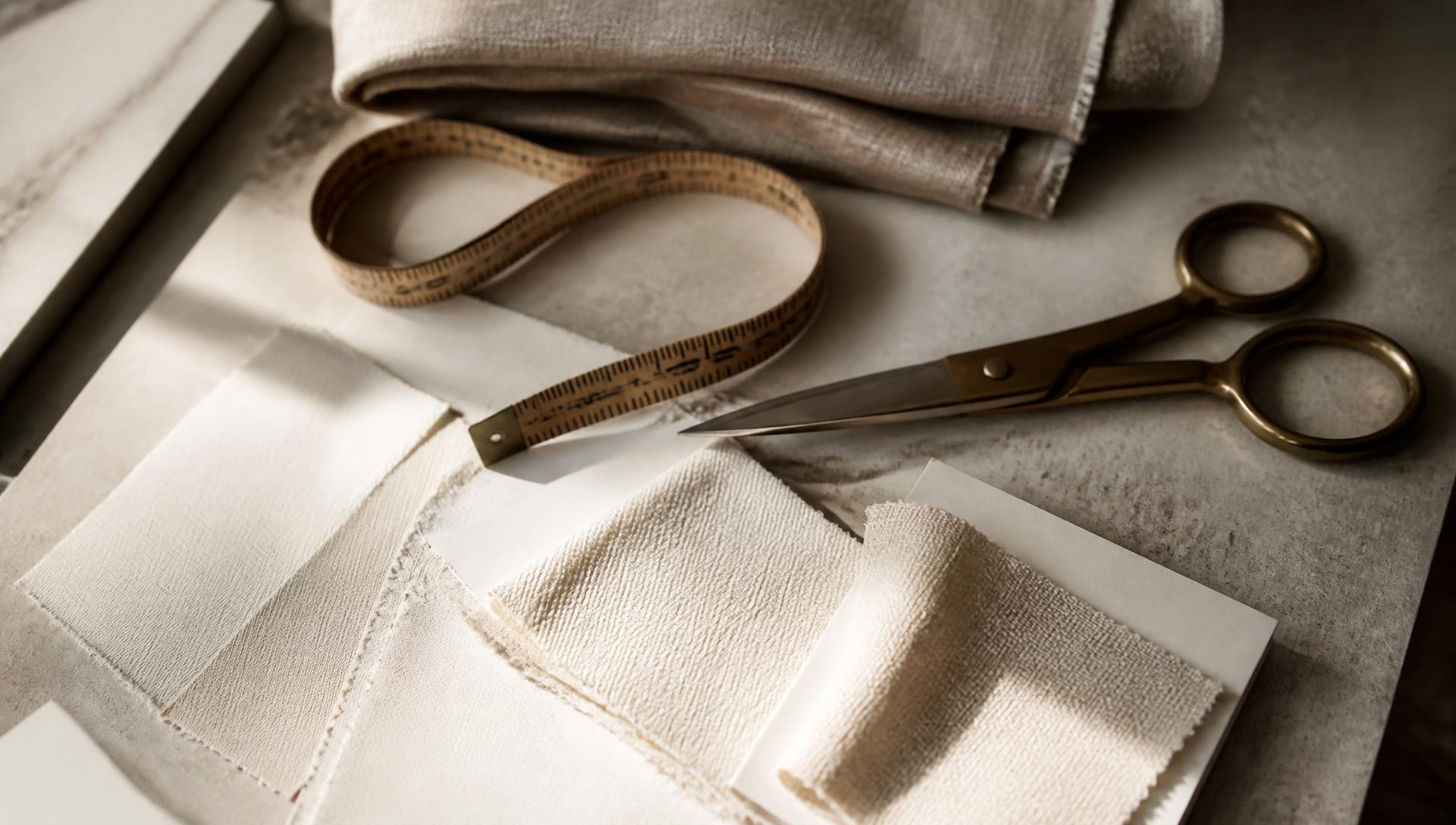 Fabric swatches and tailoring tools in a sunlit atelier